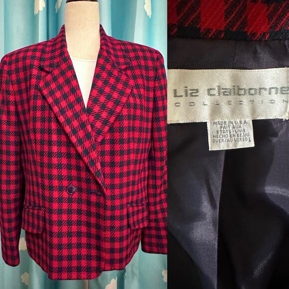 Vintage red and navy checked plaid double breasted blazer. 12 - Picture 3 of 16